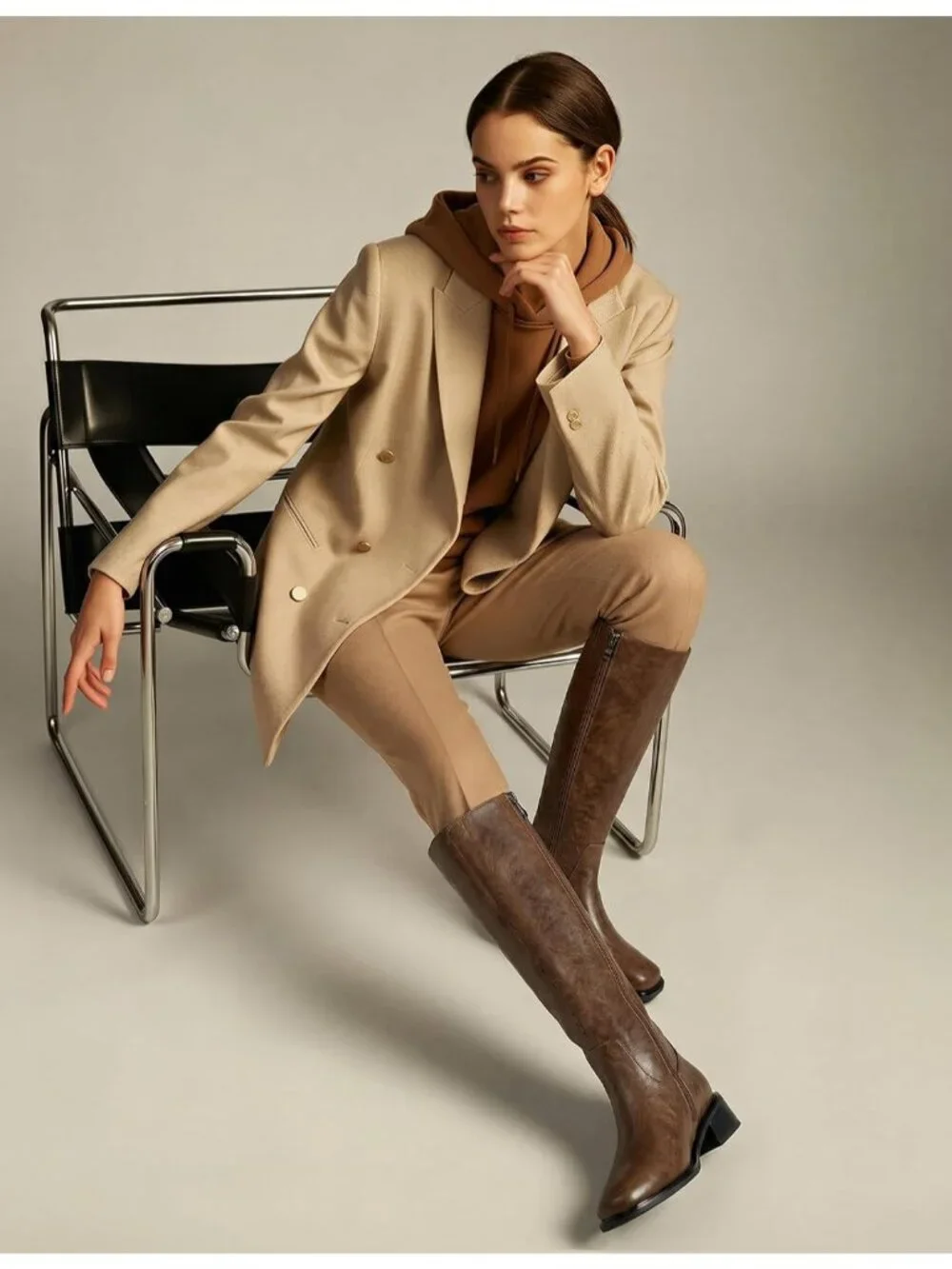 Women's Brown Faux Leather Square Toe Knee High Stylish With Side Zipper Boots